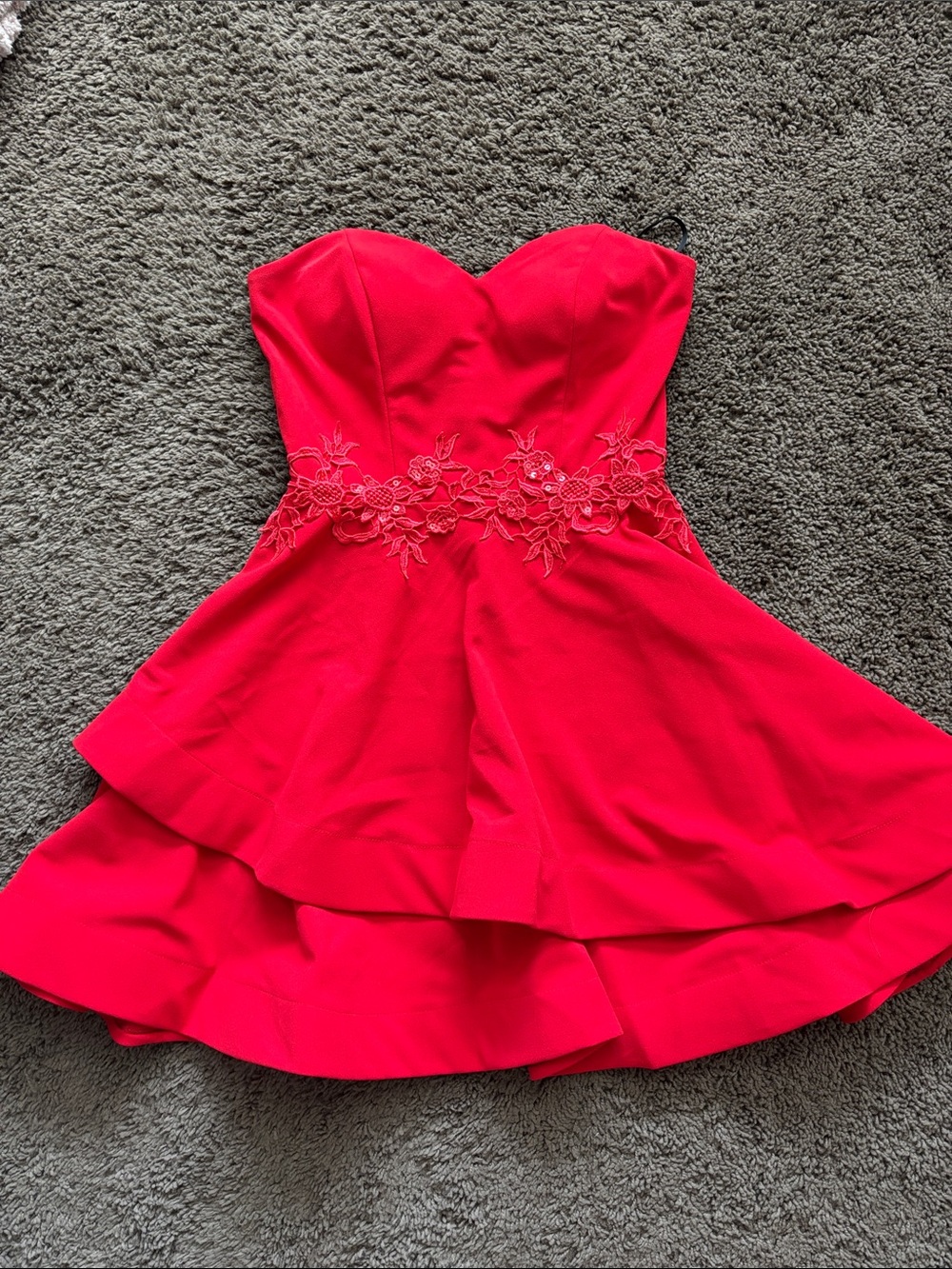 Strapless Red Party Dress with Floral Waist Detail
